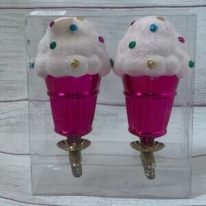 Ice Cream Cone Christmas Tree Ornament Set of 2 with Clips Plastic 5"L